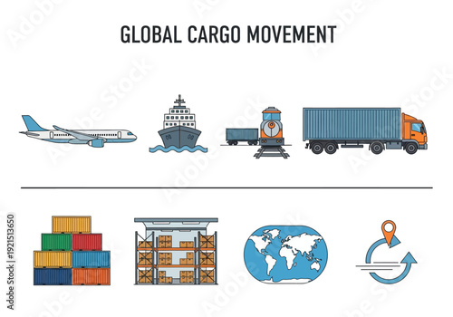 Global cargo movement and logistics airplane, ship, train, truck, warehouse, and world map icons