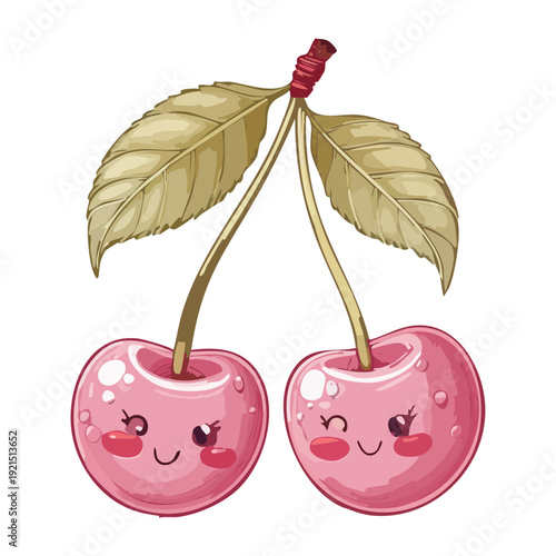 Illustration of a pair of cute cherries with smiling faces and rosy cheeks representing friendship and happiness for children book art