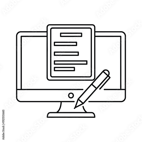 A digital monitor displays an on-screen document being signed with a stylus pen in a clear outline style.