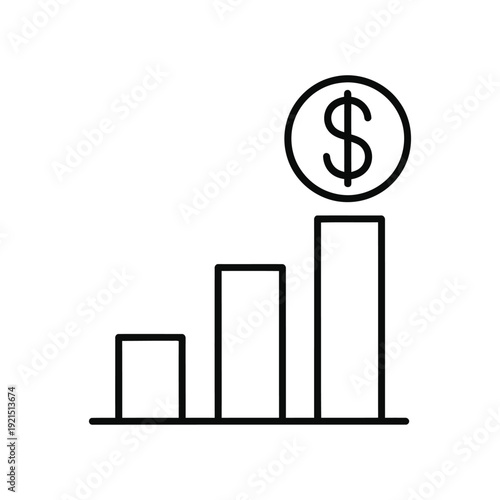 A simple line graphic depicts ascending bar chart progression marked by a dollar sign coin at the peak.