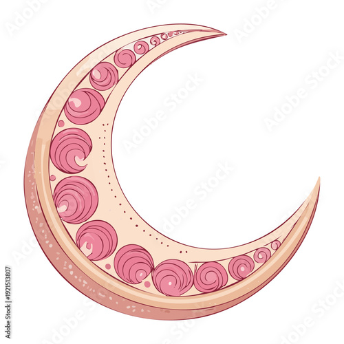Illustration of a pink crescent moon with decorative patterns and dots for a dreamy night sky and celestial nursery decor
