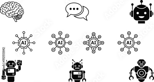Artificial intelligence icons with brain, communication bubbles, AI networks, humanoid robots, machine learning systems, neural connections, , technology artwork, robotics concept illustration