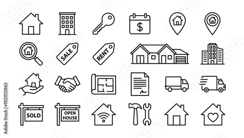 Real Estate and Property Management Icons Collection with Housing, Buying, Selling, and Rental Symbols for Digital and Print Media in Clean Line Art Design