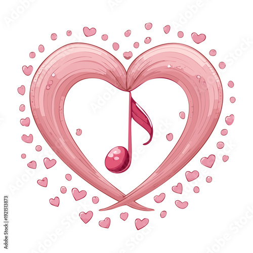Illustration of a pink heart surrounded by many small hearts and music notes for a full orchestral love and passion theme