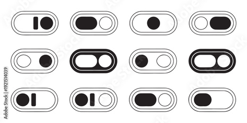 Toggle switch icon collection showing on and off states for user interface settings and app menu navigation