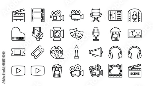 Entertainment and Media Industry Icons Set Featuring Film, Music, Theater, and Production Symbols for Creative Projects in Minimalist Line Style
