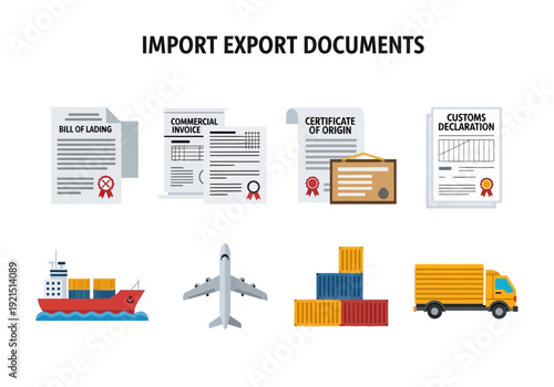 Collection of import and export logistics documents, cargo ship, airplane, and trucks