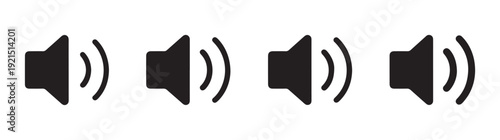 Speaker sound wave icon sequence displaying increasing volume levels for multimedia system interface design