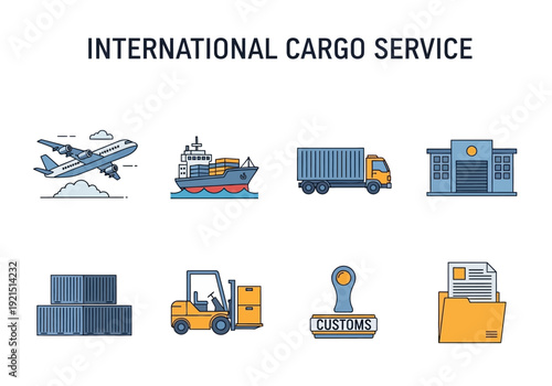 Global Logistics and Transportation Icons Shipping, Air Freight, and Delivery Services