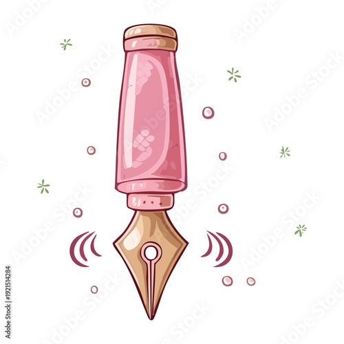 Illustration of a pink fountain pen nib with musical notes for a creative and lyrical writing and art theme