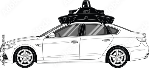 Autonomous self driving car illustration, lidar sensor equipped vehicle, smart transportation technology concept, modern electric sedan, black and white vector design graphic