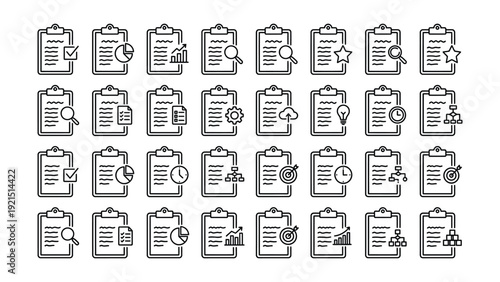Document Management, Reporting, and Project Planning Outline Icons Set. Business Data Analysis and Task Checklist Vector Symbol Collection.