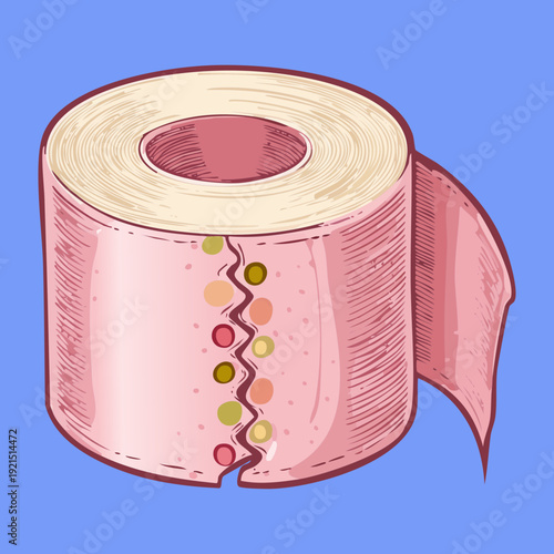 Illustration of a cute pink toilet paper roll with small red heart patterns and decorative details for bathroom hygiene concepts