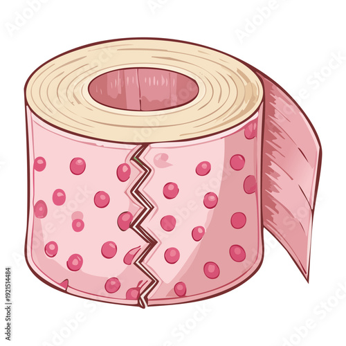 Illustration of a textured pink toilet paper roll with dots and hearts for modern and feminine bathroom accessory designs