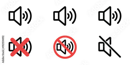 Collection of sound volume icons showing different levels of audio output and mute status with lines