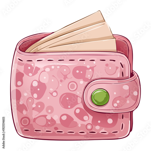 Illustration of a light pink wallet with multiple paper bills inside for feminine financial planning and personal shopping blogs
