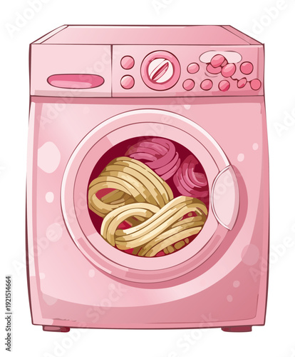 Illustration of a modern pink front load washer with a load of laundry for housekeeping and interior design projects