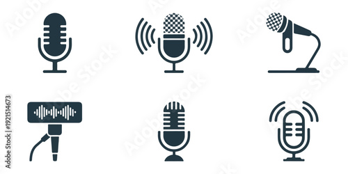 Set of microphone icons representing different audio recording setups and sound output