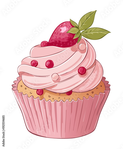 Illustration of a strawberry cream cupcake decorated with fresh fruit and a cute wafer for sweet treat advertisements