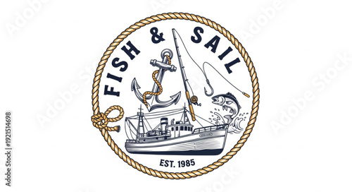 Vintage Fish and Sail Logo Design.