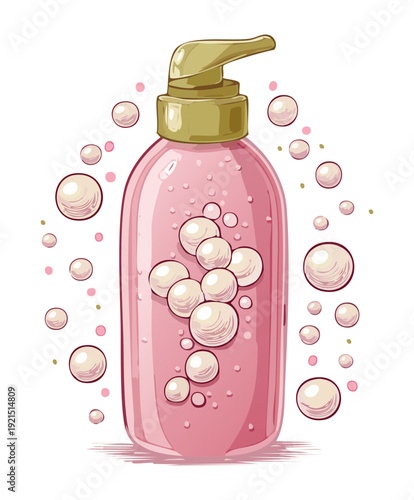 Illustration of a pink soap dispenser bottle with bubbles for bathroom hygiene and luxury skin care branding
