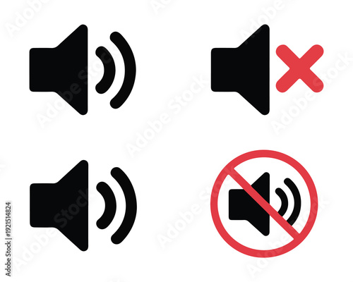 Minimalist volume control icons showing speaker with sound waves and red cross symbol for muted audio settings