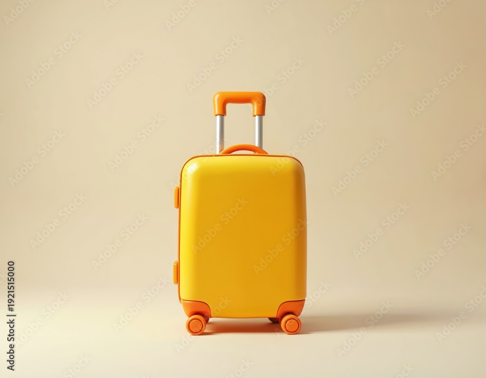 Fototapeta premium Yellow cartoon suitcase with orange accents sits on simple light background. This wheeled luggage piece is ready for holiday travel or business trips.