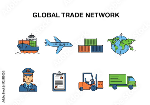 Global Trade Network Shipping, logistics, and international commerce icons