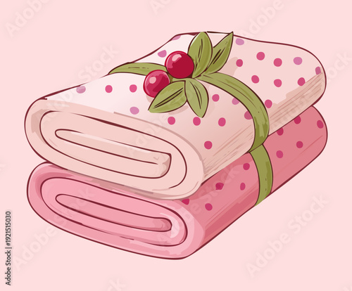 Illustration of a stack of pink folded towels with leaf decorations for bathroom spa and hospitality branding
