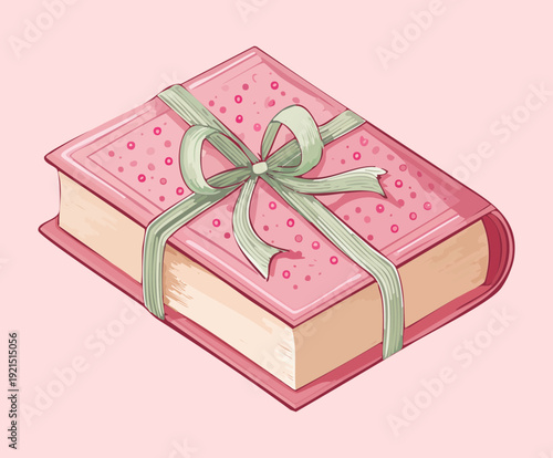 Illustration of a pink book tied with a green ribbon and a decorative bow for special occasion gifts
