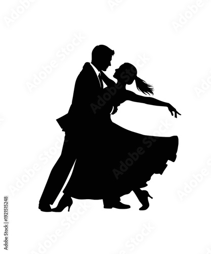 Elegant couple dancing tango in black silhouette on white background romantic art