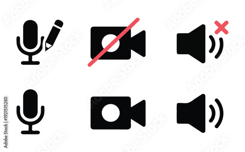 Essential communication icons for video conferencing including microphone video camera and speaker with mutes