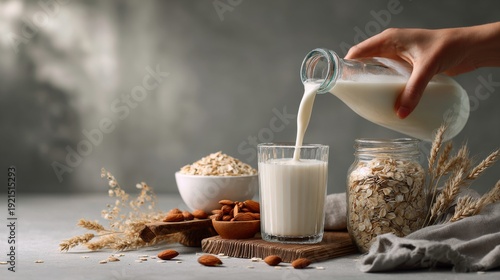 Oat milk pouring into glass with oats and almonds on background