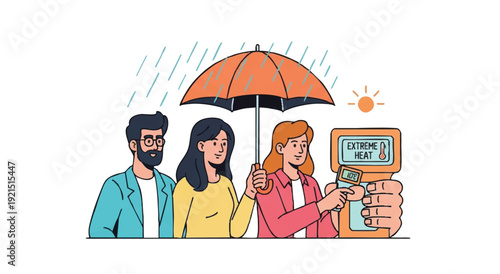 Flat illustration of three diverse people standing under an orange umbrella holding a weather station device on a white background with sunny and rainy elements.