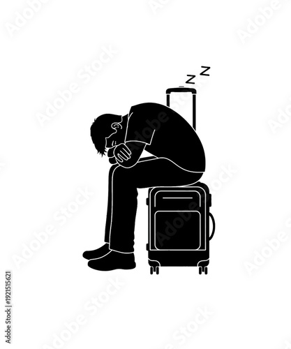 Exhausted traveler resting with luggage and phone sleepy black silhouette vector illustration