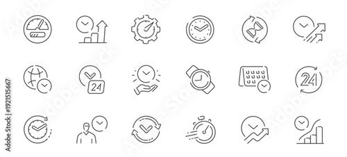 Time management and productivity line icons set for business growth, KPI and 24/7 performance