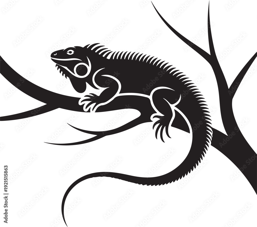 Fototapeta premium Black Iguana Perched on a Tree Branch Vector Illustration