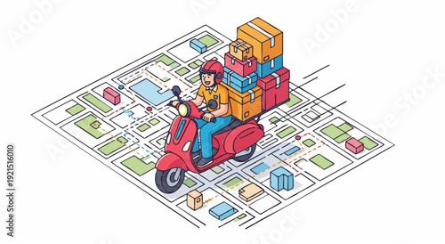 Isometric illustration of a delivery person riding a red scooter with stacked boxes on a city map background.