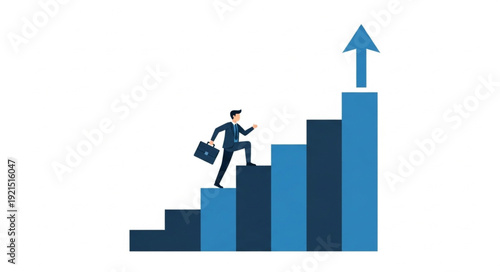 Businessman climbing stairs representing career growth and success.
