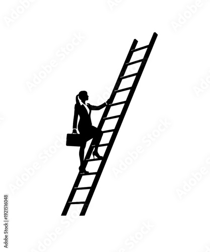 Business professional climbing wooden ladder success career growth ambition silhouette minimalist black white
