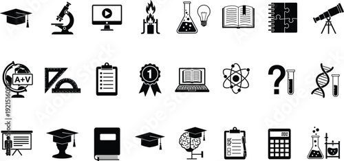 Educational science icons with graduation cap, microscope, laboratory flask, DNA helix, light bulb, book, calculator, globe, telescope, academic learning illustration