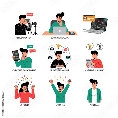Digital content creation workflow illustrations showing video production, editing, social media, planning, and emotional responses for effective online presence