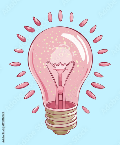 Illustration of a glowing pink lightbulb with internal filaments and radiating light lines symbolizing a bright creative idea and feminine inspiration