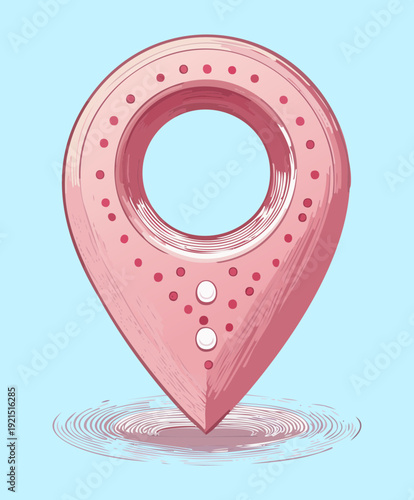 Illustration of a pink map pointer with a heart emblem and dotted texture for marking romantic destinations and favorite places on maps