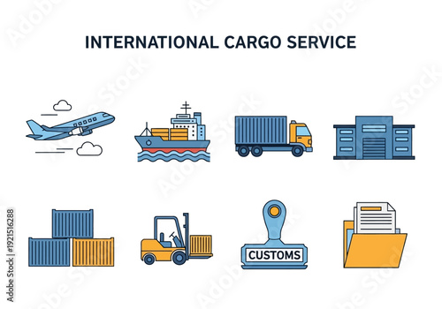 Global Logistics and Shipping Icons - Transportation, Warehousing, and Customs Services