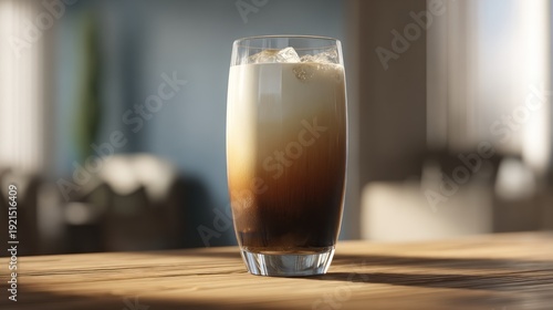Refreshing iced coffee with milk in a glass on a wooden surface indoor