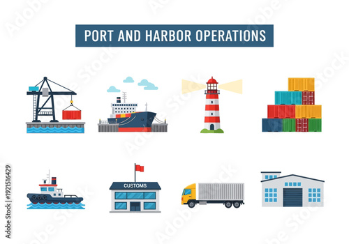 Collection of Icons Representing Port and Harbor Operations including Ships, Cranes, and Warehouses