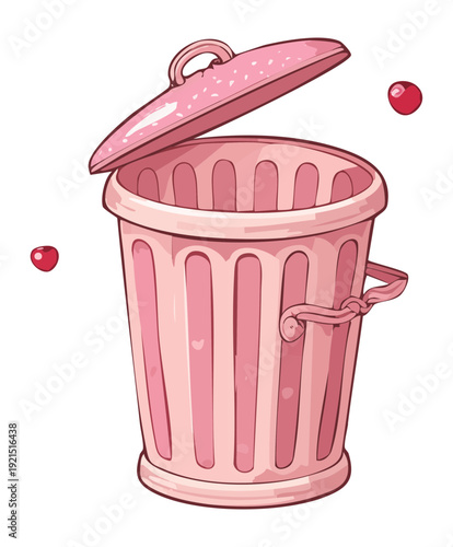 Illustration of a pink trash bin with an open lid and floating bubbles for clean waste management and feminine home organization