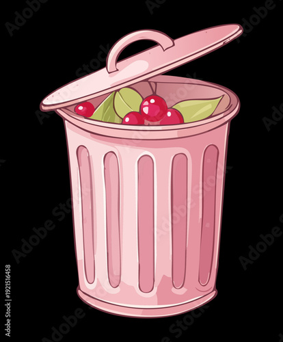 Illustration of a pink garbage can with cherry patterns on a dark background for stylish waste disposal and feminine cleaning concepts