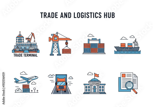 Trade and Logistics Hub Icons representing shipping, air transport, and cargo handling services